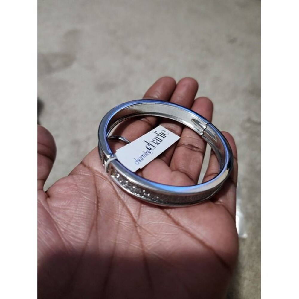 NWT Charming Charlie Silver Tone Glitter Inlay Hinged Bangle Bracelet Oval